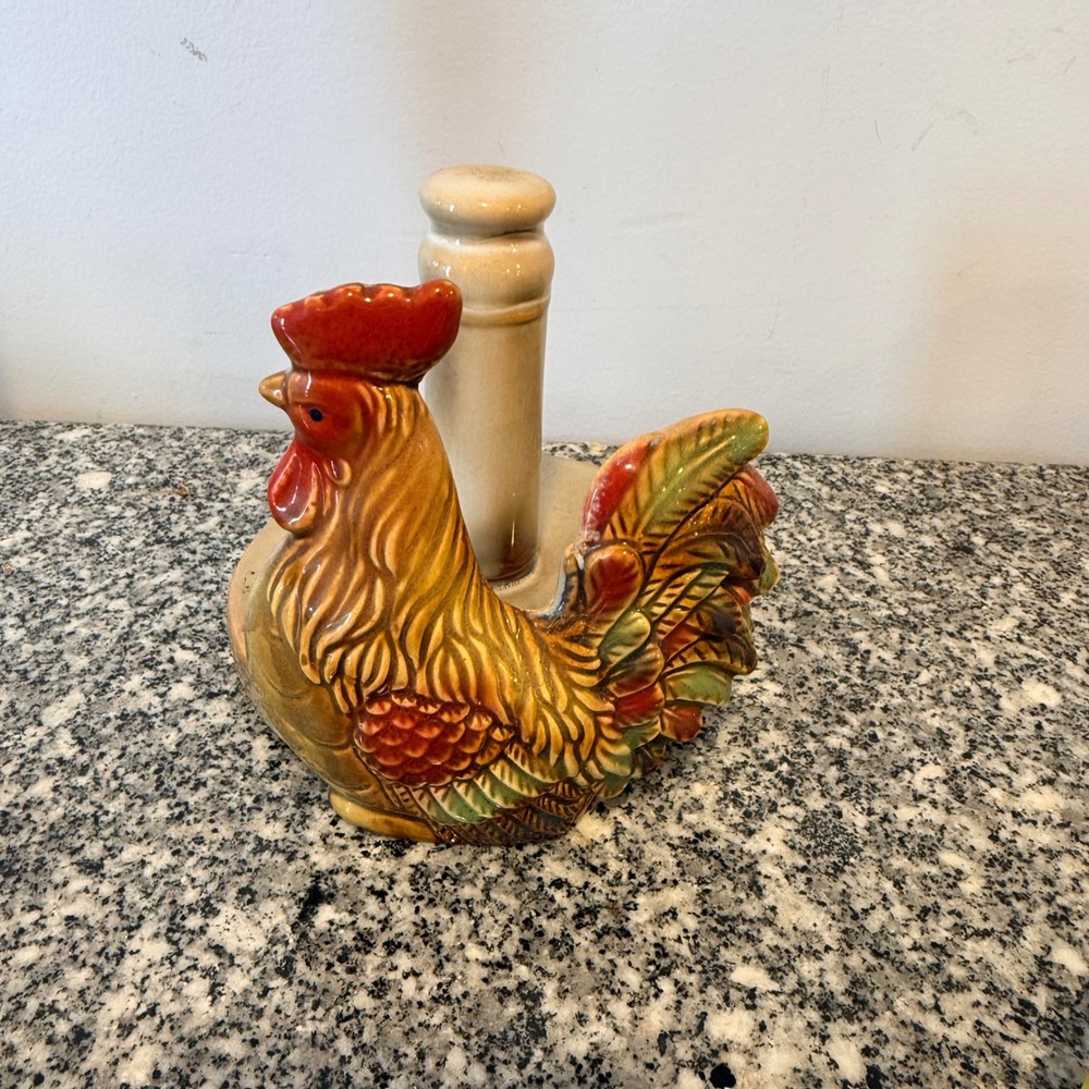 Vintage Rooster Paper Towel Holder Kitchen Home Brown Ceramic